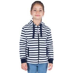 Sweat, Marine Blanc, enfant fille, Breizh Océan, Ambon. Sweat marinière à capuche, moleton doux, fermeture éclaire, vêtement marin, vue de face.
