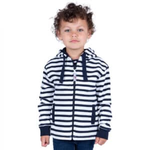 Sweat, Marine Blanc, enfant garçon, Breizh Océan, Ambon. Sweat marinière à capuche, moleton doux, fermeture éclaire, vêtement marin, vue de face.
