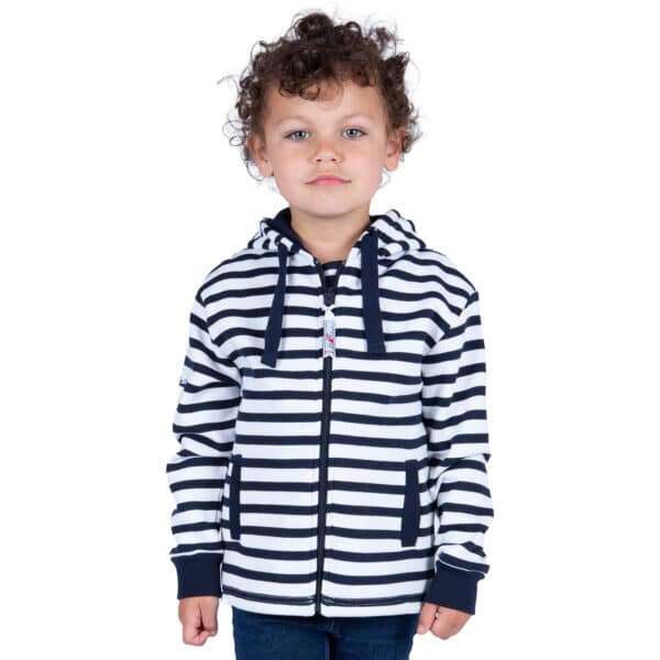 Sweat, Marine Blanc, enfant garçon, Breizh Océan, Ambon. Sweat marinière à capuche, moleton doux, fermeture éclaire, vêtement marin, vue de face.