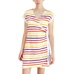 Robe femme, orange, rouge, jaune, Breizh Océan, Audièrne. Robe à rayures, manches courtes, vetement marin, vue de face.