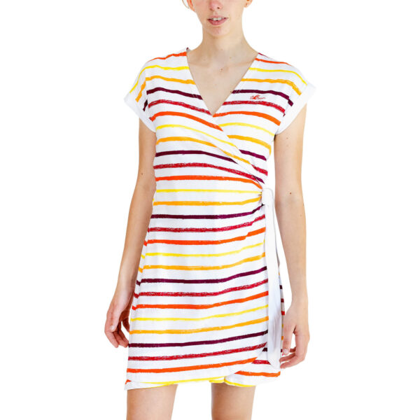 Robe femme, orange, rouge, jaune, Breizh Océan, Audièrne. Robe à rayures, manches courtes, vetement marin, vue de face.