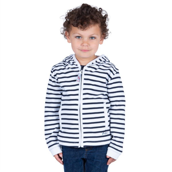 Sweat, Blanc Marine, enfant garçon, Breizh Océan, Baud. Sweat marinière légé à capuche, interlock doux, fermeture éclaire, vêtement marin, vue de face.