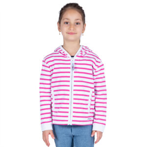 Sweat, Blanc Rose, enfant fille, Breizh Océan, Baud. Sweat marinière légé à capuche, interlock doux, fermeture éclaire, vêtement marin, vue de face.