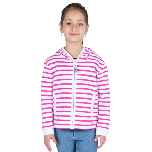 Sweat, Blanc Rose, enfant fille, Breizh Océan, Baud. Sweat marinière légé à capuche, interlock doux, fermeture éclaire, vêtement marin, vue de face.