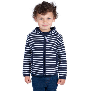 Sweat, Marine Blanc, enfant garçon, Breizh Océan, Baud. Sweat marinière légé à capuche, interlock doux, fermeture éclaire, vêtement marin, vue de face.