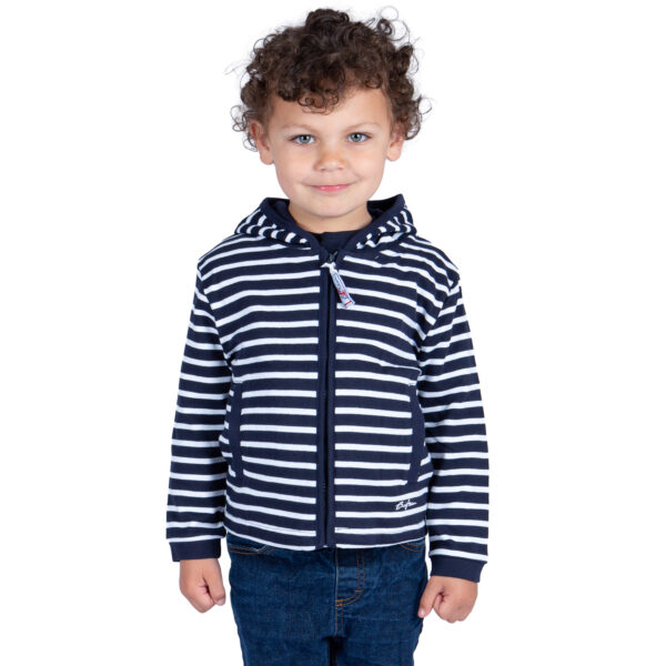 Sweat, Marine Blanc, enfant garçon, Breizh Océan, Baud. Sweat marinière légé à capuche, interlock doux, fermeture éclaire, vêtement marin, vue de face.