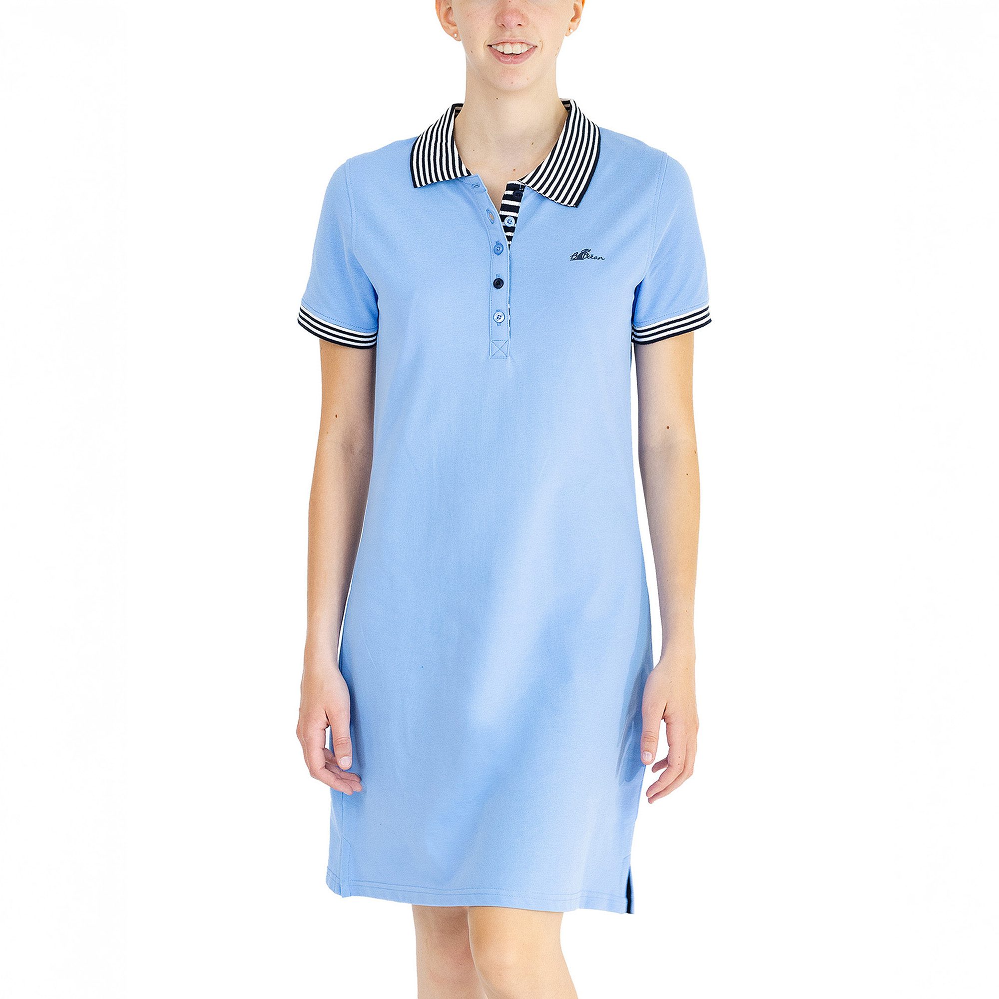 Women's polo dress, sky blue, Breizh Océan, Lamballe. Short-sleeved polo dress, nautical garment, front view.