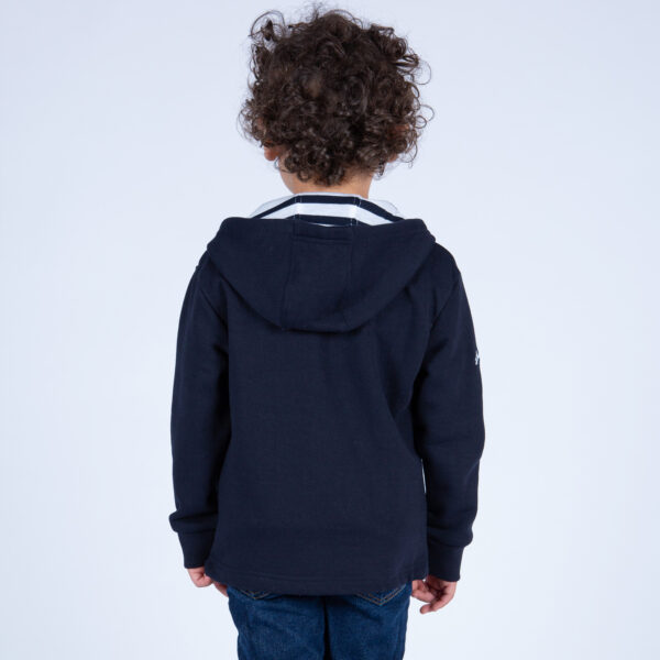 Sweat-shirt marin enfant à capuche et fermeture éclaire couleur bleu marine. Breizh Océan Mael. sweat-shirt garçon. Vue de dos.