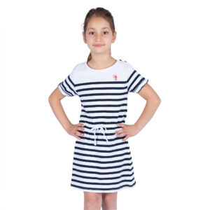 Robe enfant, Blanc Marine, Breizh Océan, Quimper. Robe marinière, coupe droite, 100% coton, vetement marin, vue de face.