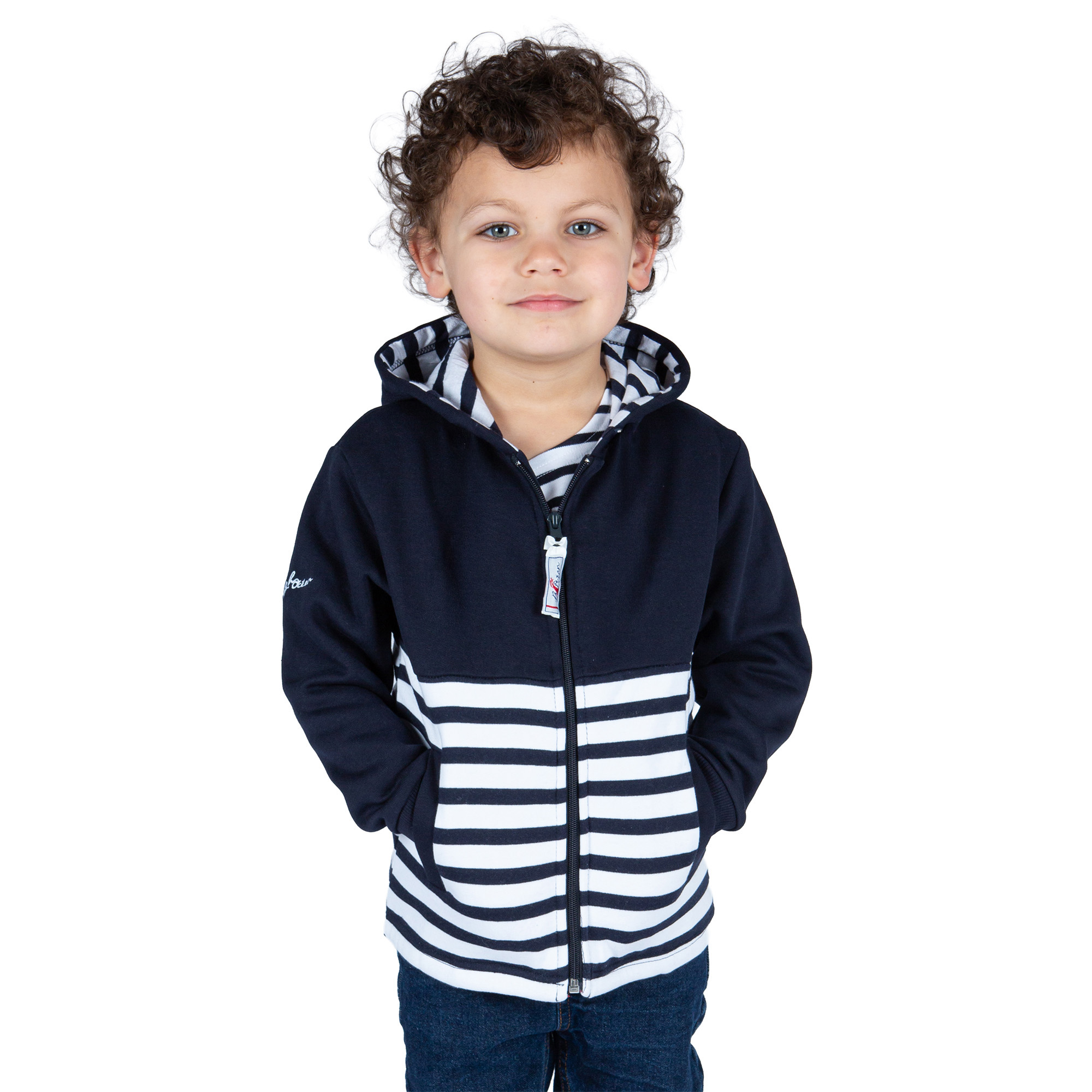 Sweat enfant, semi rayé blanc marine, Breizh Océan, Brest. Sweat à capuche, zippé, garçon, coupe droite, molleton, vêtement marin, vue de face.