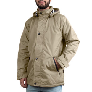 Parka imperméable homme, Sable, Breizh Océan, Auray. Capuche amovible, coutûres thermosoudées, poches zippées, grandes poches, intérieures, extérieures, Vue de face.