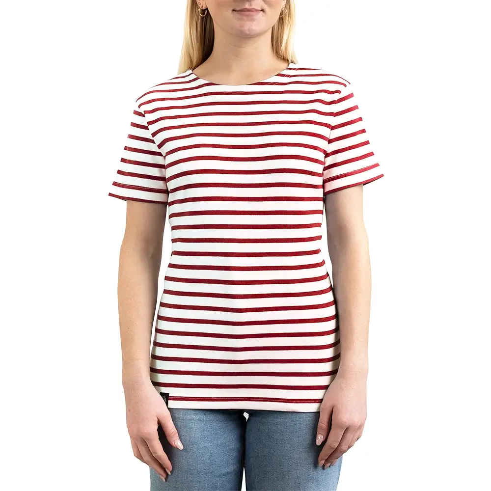 Marinière femme, blanc rouge, Breizh océan, Dinard. Marinière mixte, manches courtes, coupe droite, coton léger, vetement marin, vue de face.