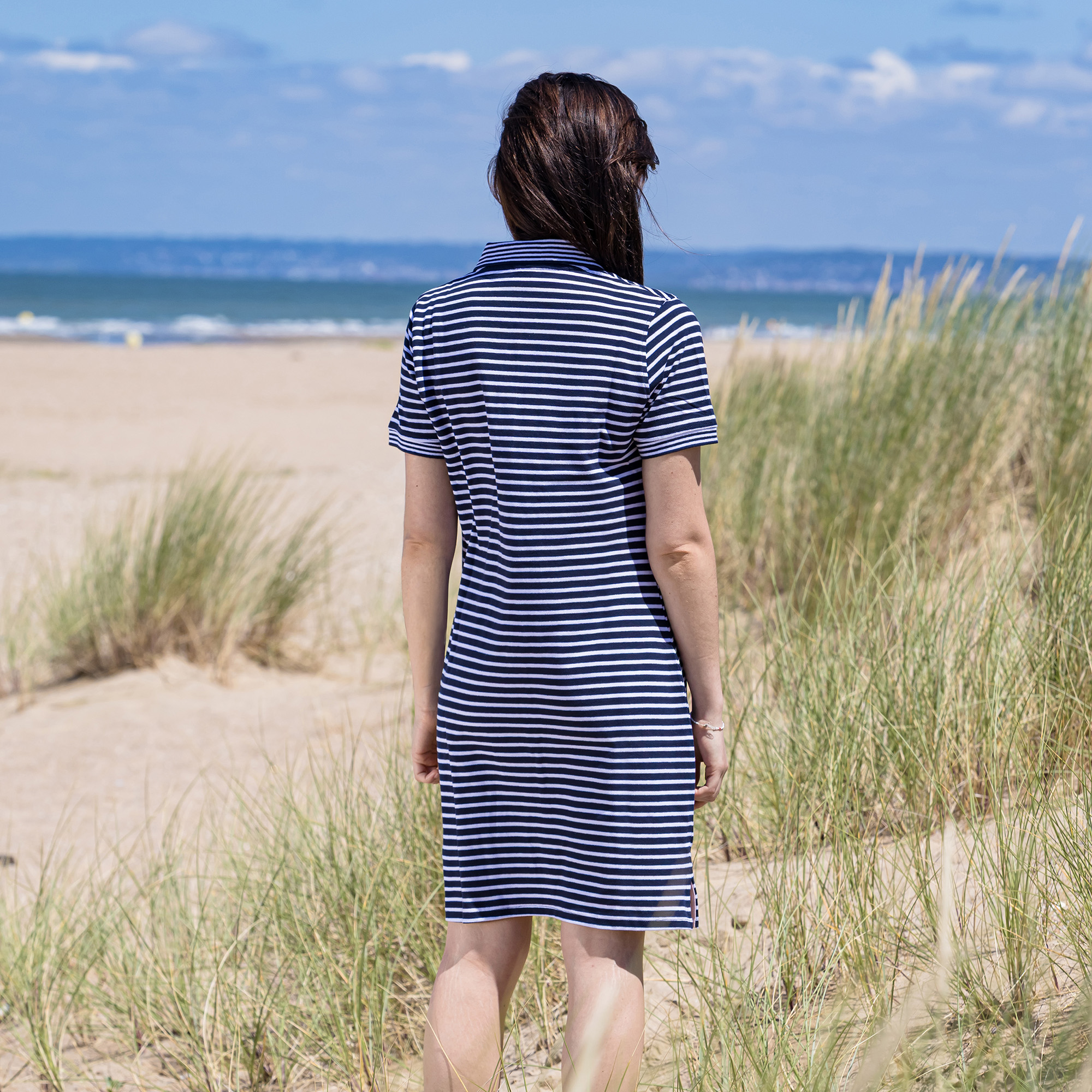 Women's polo dress, navy and white striped, Breizh Océan, Lamballe. Short-sleeved polo dress, nautical garment, back view.