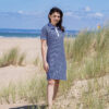 Women's polo dress, navy and white striped, Breizh Océan, Lamballe. Short-sleeved polo dress, nautical garment, front view.