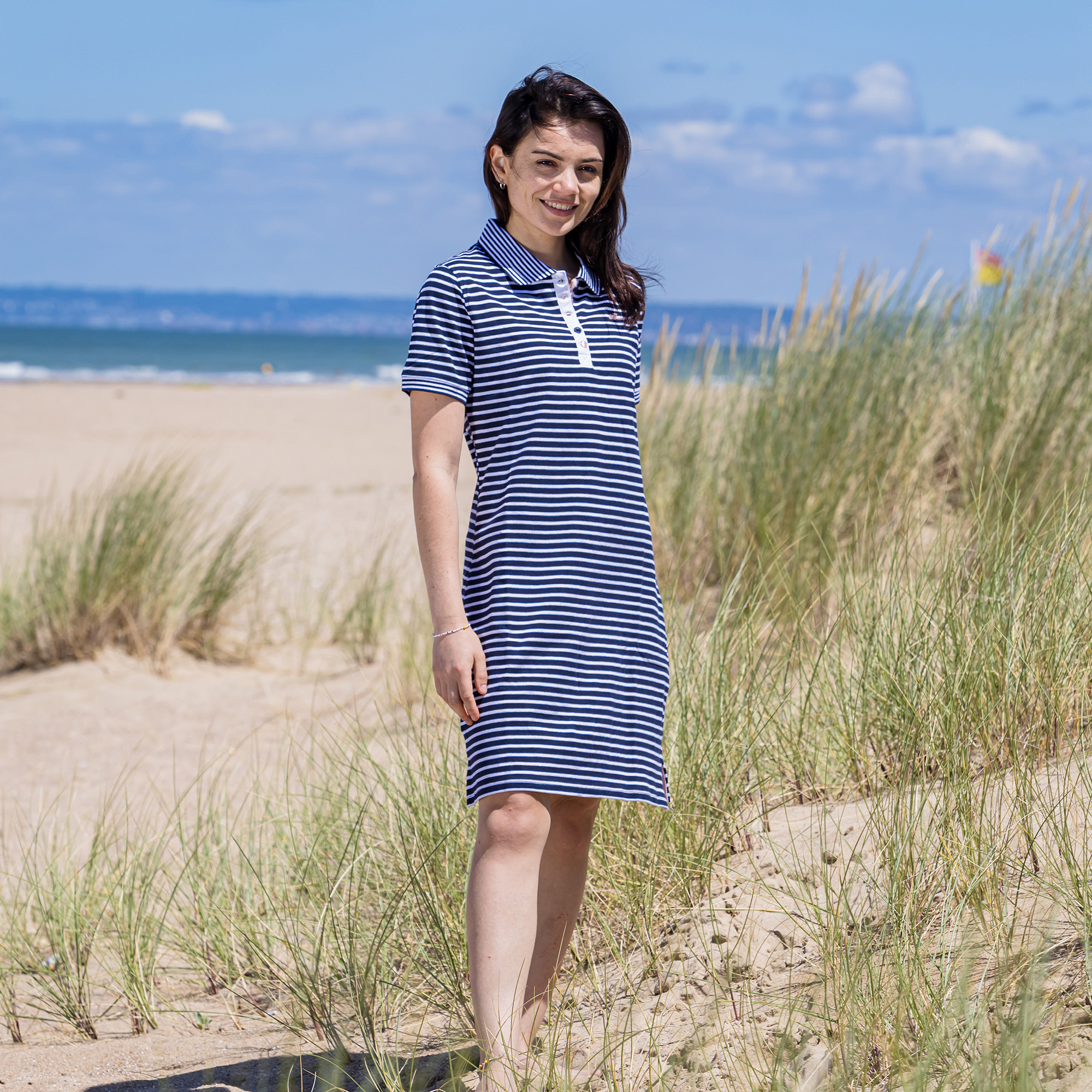 Women's polo dress, navy and white striped, Breizh Océan, Lamballe. Short-sleeved polo dress, nautical garment, front view.