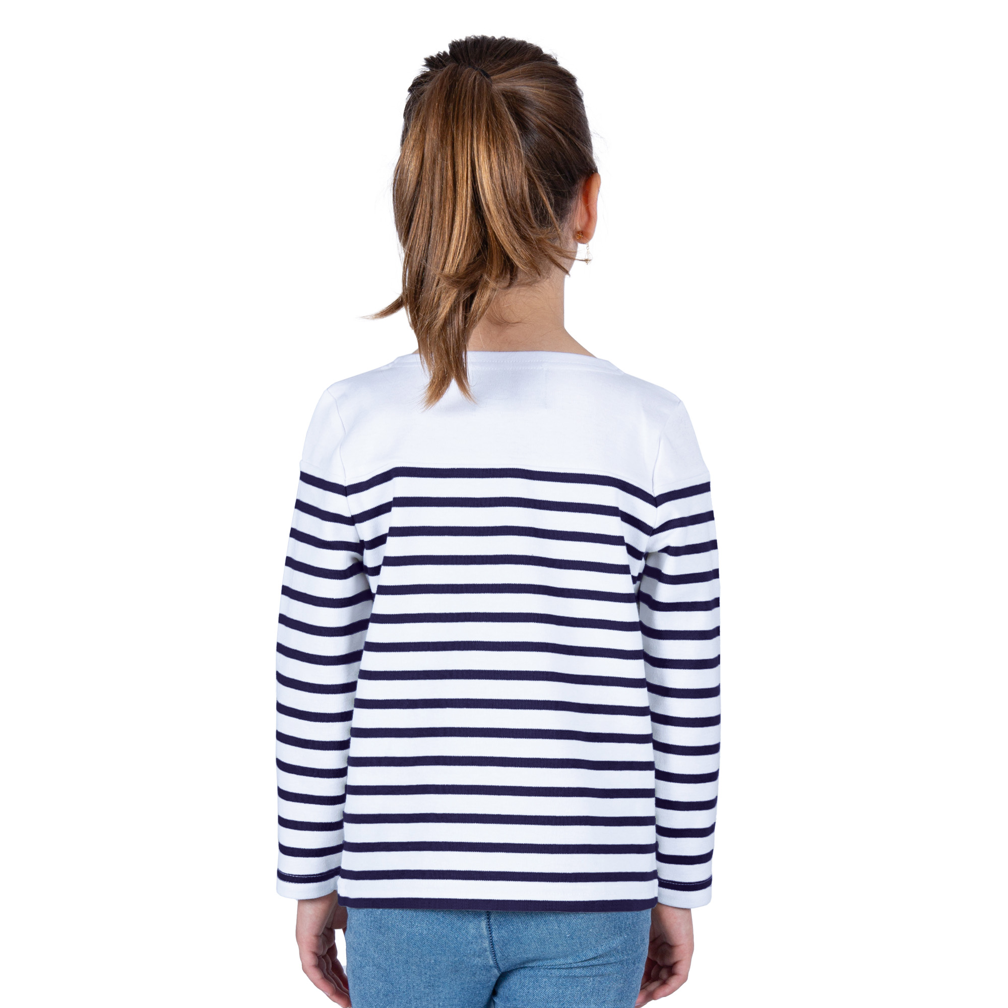 Marinière enfant, semi-rayée, Blanc marine, fille, Breizh Océan, Lanester. Tee shirt rayé en coton épais, manches longues, vetement marin, vue de dos.