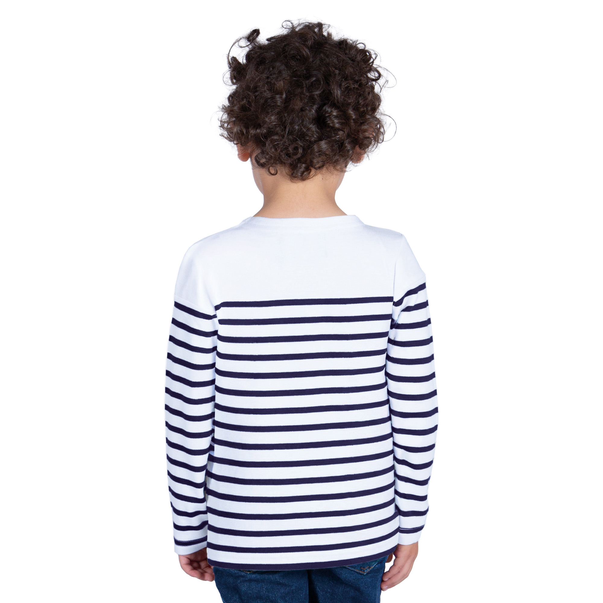 Marinière enfant, semi-rayée, Blanc marine, garçon, Breizh Océan, Lanester. Tee shirt rayé en coton épais, manches longues, vetement marin, vue de dos.